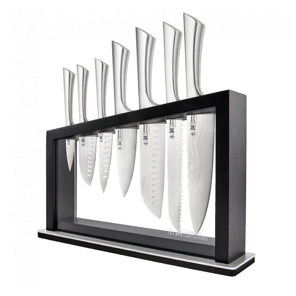 Conjunto de Facas Cuisine::pro Damashiro 8 Peças Satori com Bloco em Acácia e Lâminas Inspiradas em Damasco