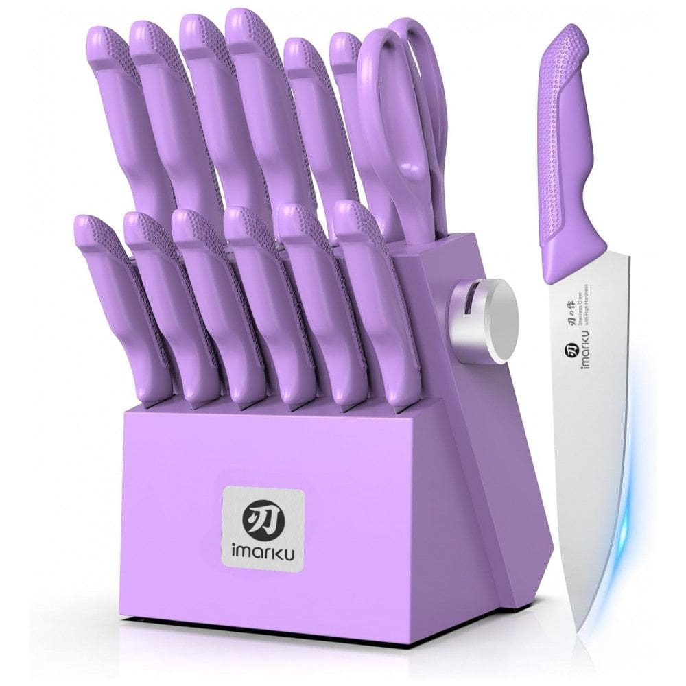 Conjunto de Facas de Cozinha imarku 14 Peças Roxo com Afiador Integrado e Bloco em Madeira