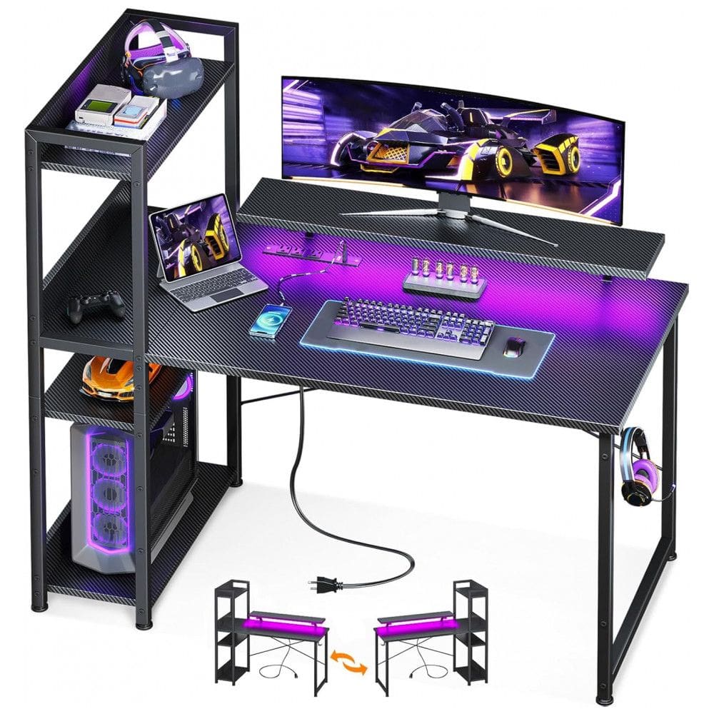 Mesa Gamer Reversível ODK 100 cm Fibra de Carbono Preto com Luzes LED, Prateleiras Ajustáveis e Suporte para Monitor, Compacta para Pequenos