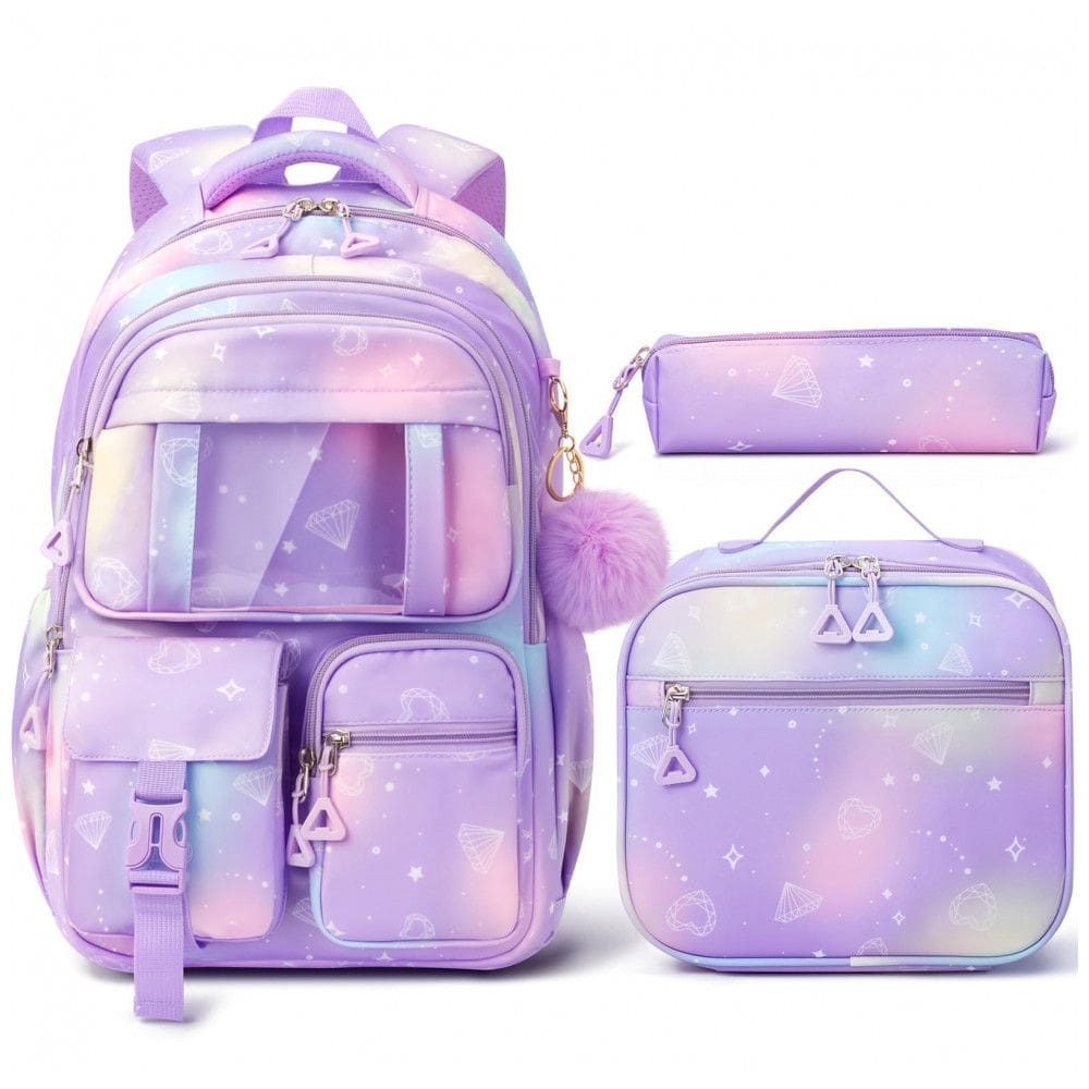 Mochila escolar Fimibuke roxa 3 em 1 com lancheira térmica e estojo para notebook até 15,6”