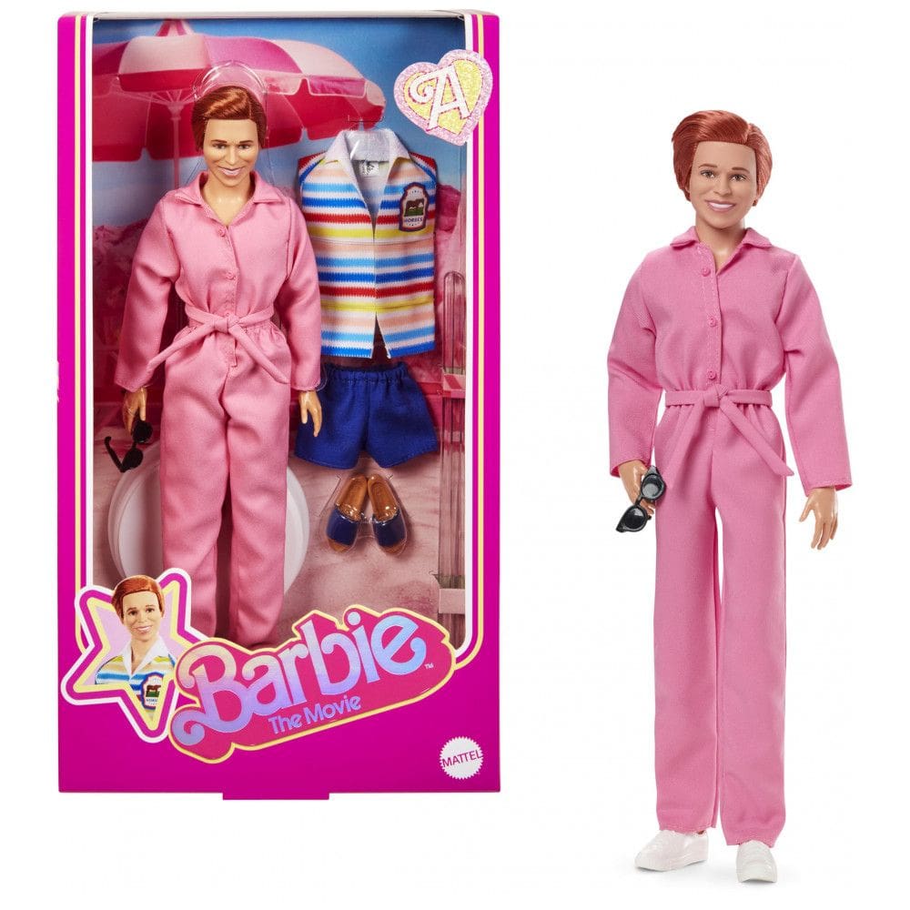 Boneco Barbie The Movie Allan Michael Cera colecionável com macacão rosa e look praia listrado 2025