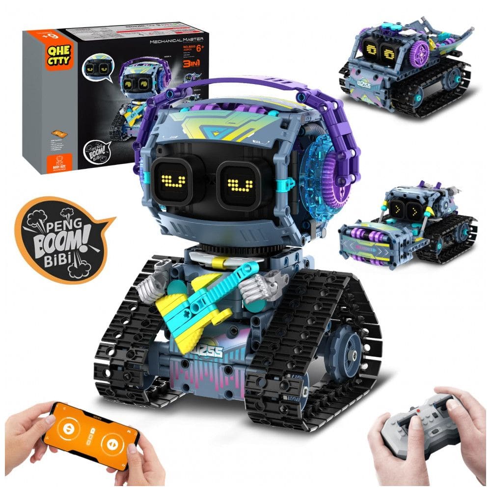 Kit Robótico QHECTTY RC STEM 3 em 1 rock robot, caminhão e rolo compressor com controle APP e controle remoto