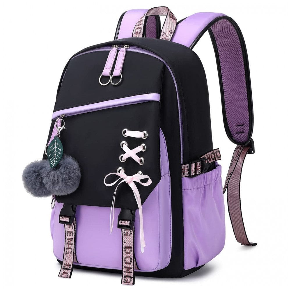 Mochila FENGDONG roxa para adolescentes, estilo kawaii com laço e pompom, para notebook até 15,6”