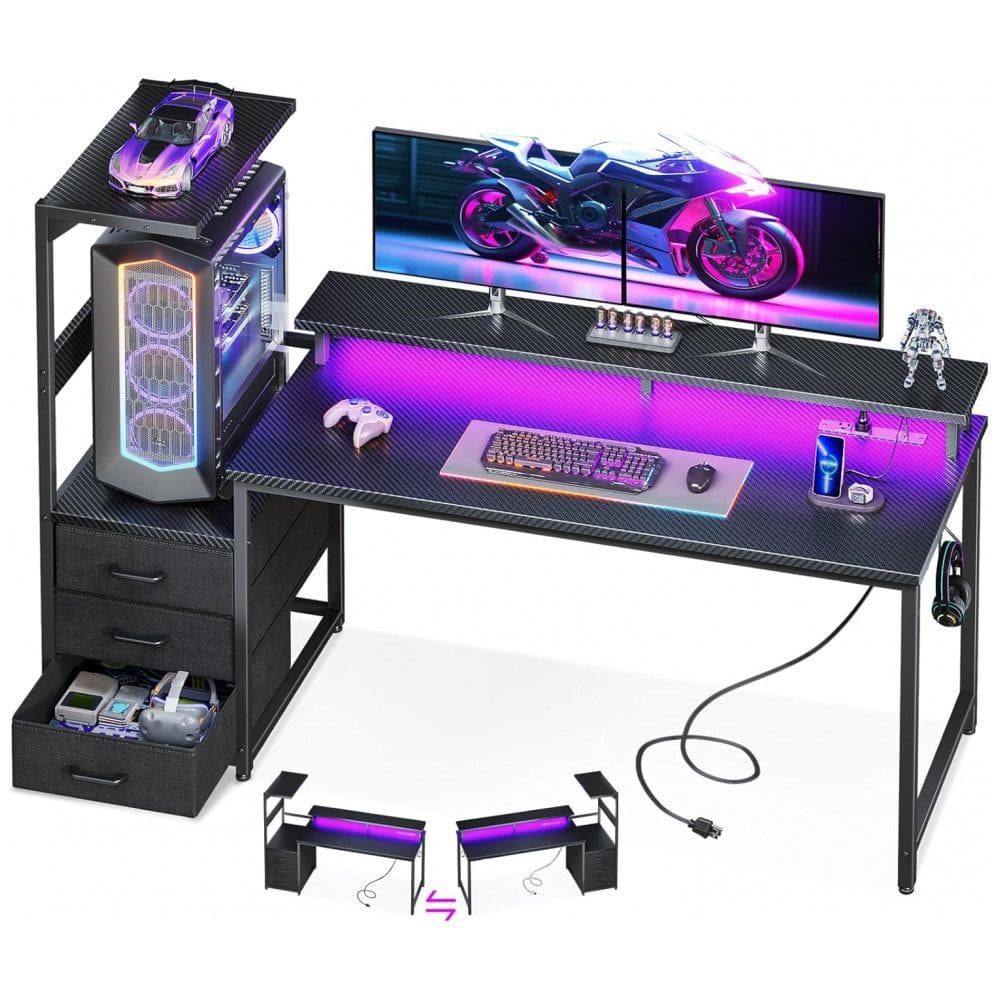 Mesa Gamer Reversível AODK 150 cm Fibra de Carbono Preto com Luzes LED, Tomadas USB, 3 Gavetas de Tecido e Suporte para Monitor,