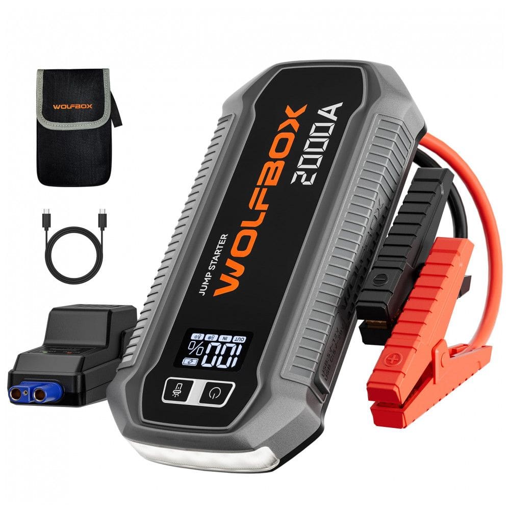 Jump Starter (Aux.de partida) WOLFBOX 2000A Preto 44.4Wh Display LED Gasolina 7L Diesel 6L 12V