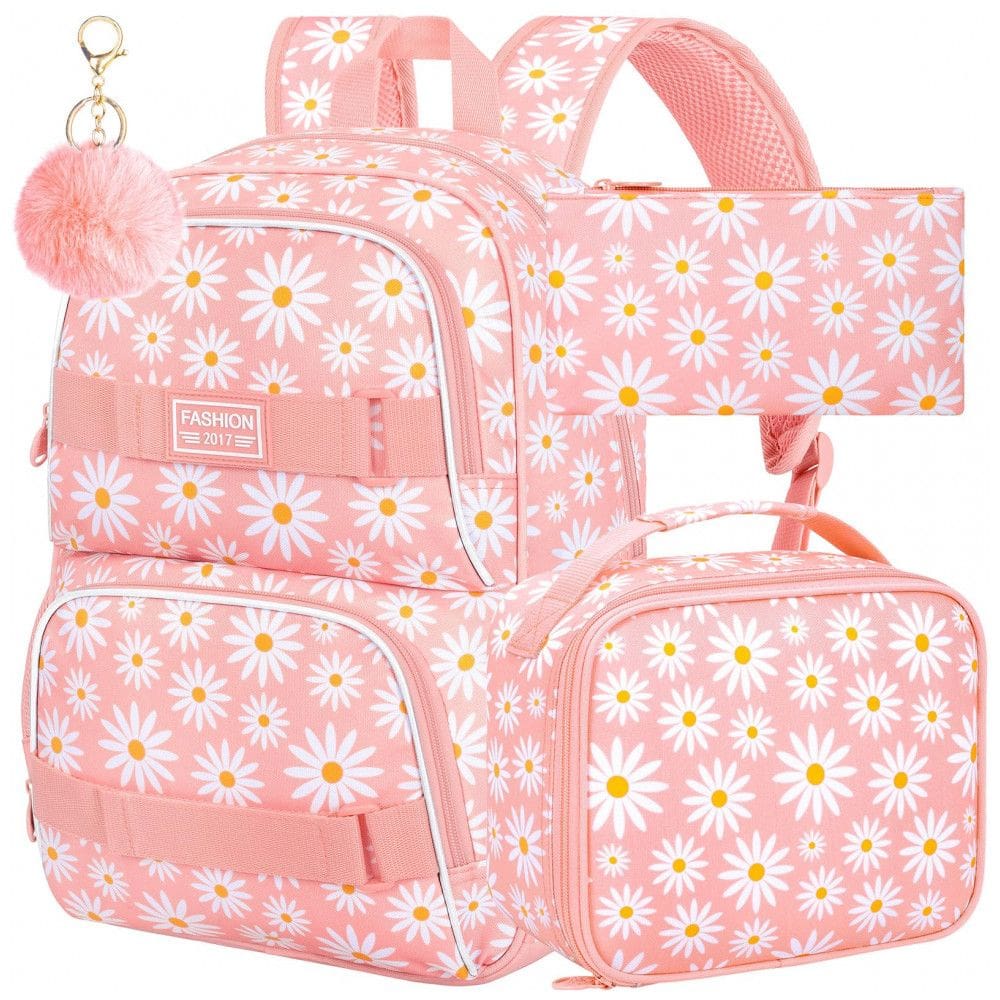 Mochila AGSDON 3 em 1 rosa com estampa de margaridas, para notebook 17”, com lancheira e estojo