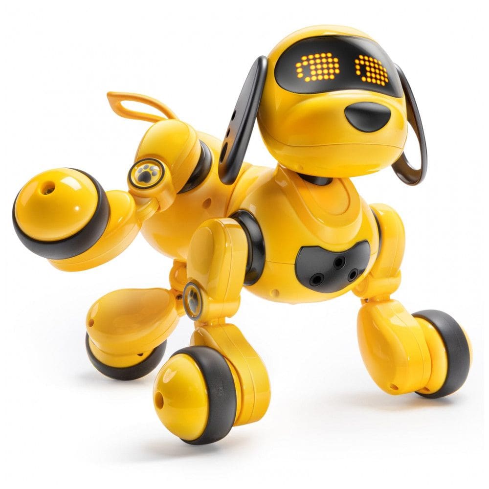 Cachorro robô inteligente Ruko 18011 amarelo com controle remoto e gestos, expressões em LED programáveis e sensores de obstáculos