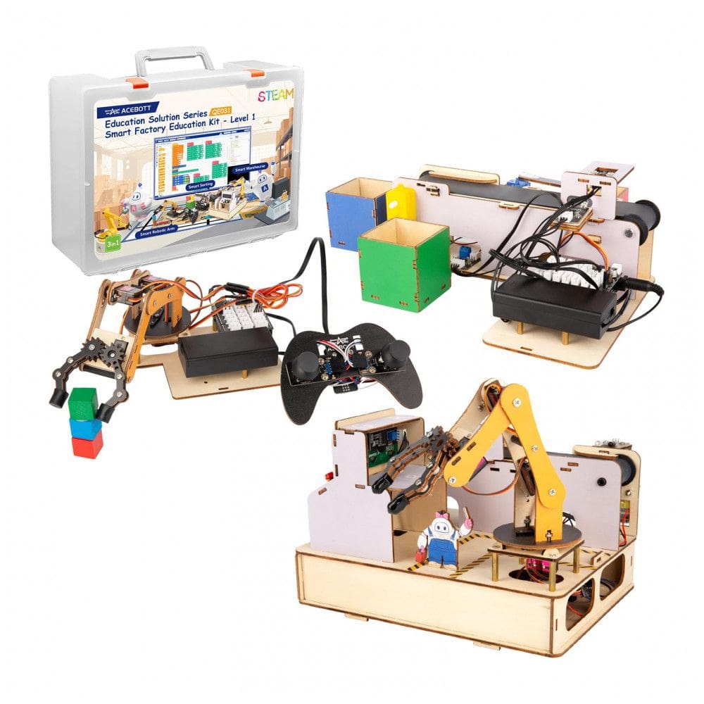 Kit fábrica inteligente ACEBOTT QE031 ESP32 IoT com braço robótico esteira sensores quebra-cabeça 3D em madeira para STEM