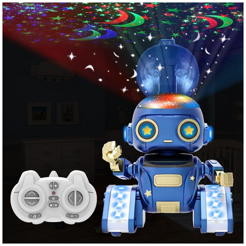 Robô Aikmi azul com controle remoto recarregável, projetor de luz noturna, sensor de gestos e músicas para crianças