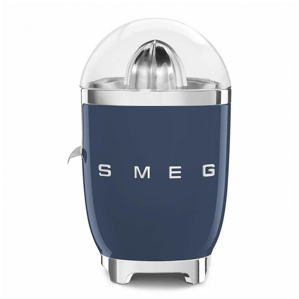 Espremedor de cítricos elétrico Smeg azul marinho retrô com acionamento automático, bico antigotejamento e peças laváveis em lava-louças