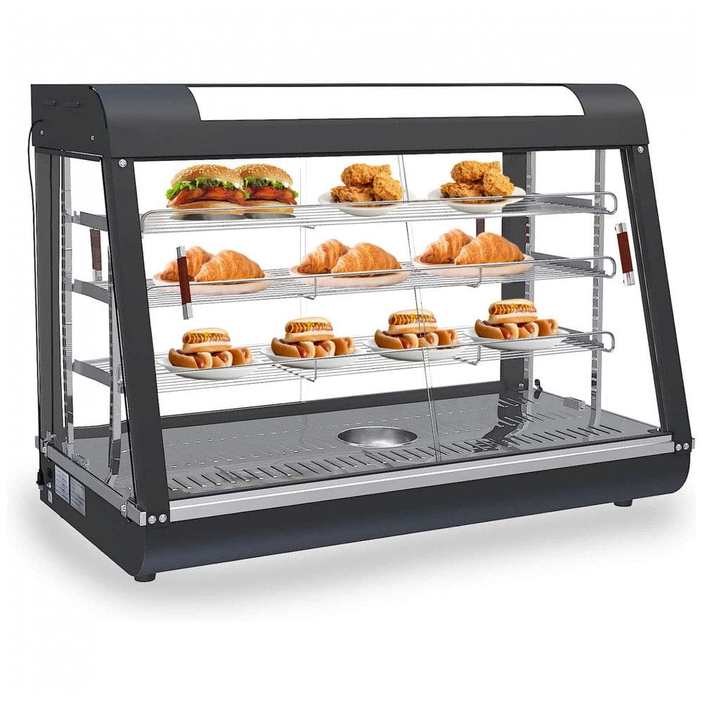 Aquecedor de Pizza Countertop Anpuce Preto Vidro Temperado Portas Deslizantes LED Horizontal 89x48x65 cm 110V 1500W para Buffet Restaurantes