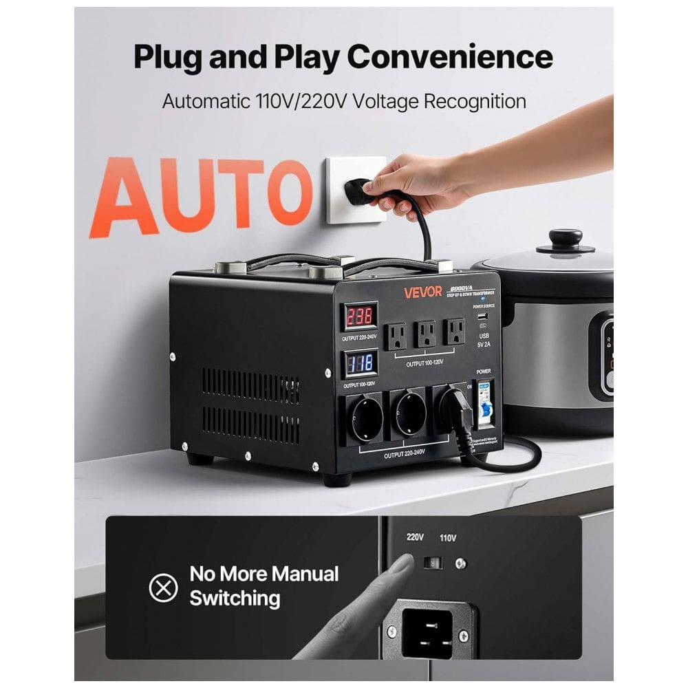 Transformador(Conversor) de Voltagem Automático VEVOR 6000VA Elevação/Redução 110V para 220V/220V para 110V 3 US 3 EU LCD Disjuntor