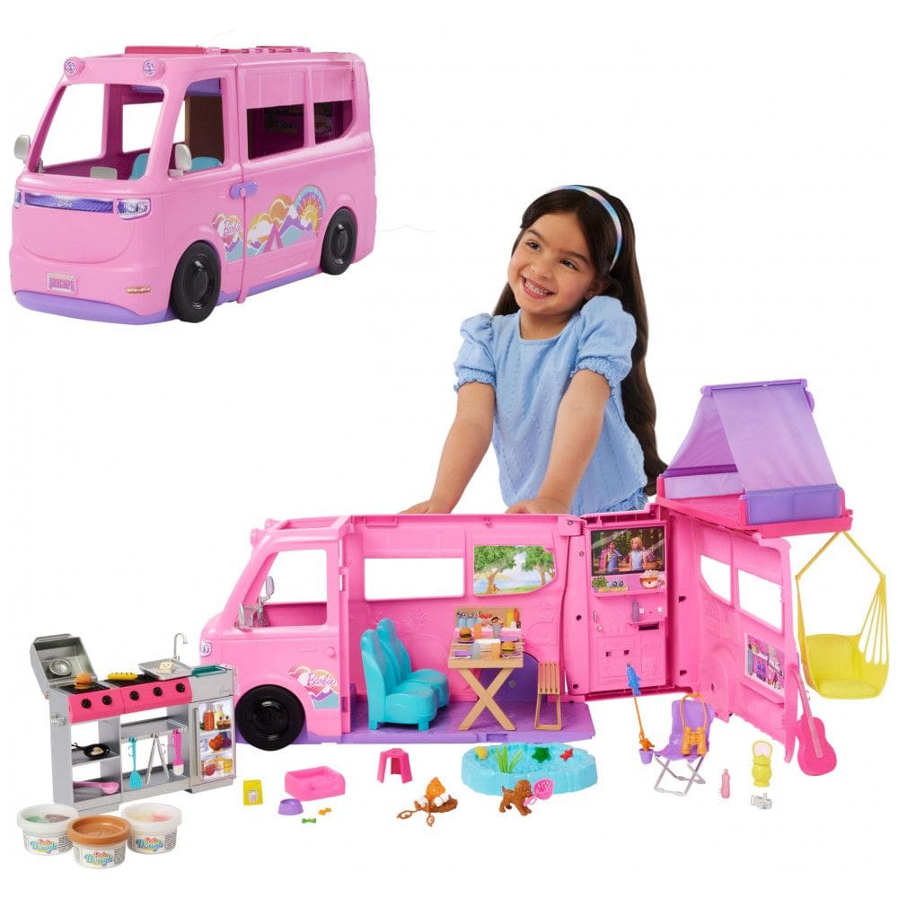 Barbie Dream Camper 2025 com barraca no teto, balanço, churrasqueira com mudança de cor e mais de 60 acessórios