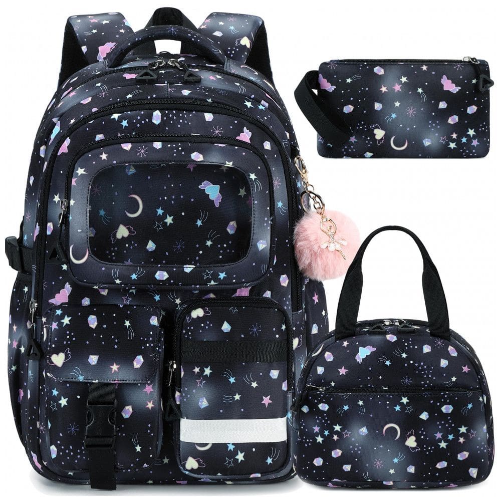 Mochila escolar AO ALI VICTORY preta 3 em 1 com lancheira e estojo para notebook até 16”