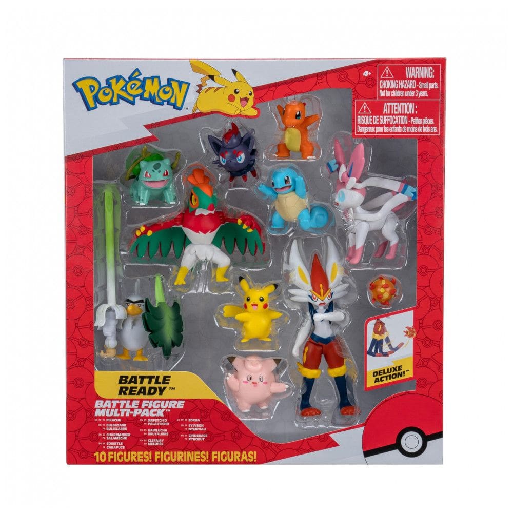 Kit figuras Pokémon Jazwares 10 peças Cinderace 11 cm Pikachu Charmander Squirtle Bulbasaur Clefairy Zorua Sirfetch’d Hawlucha Sylveon