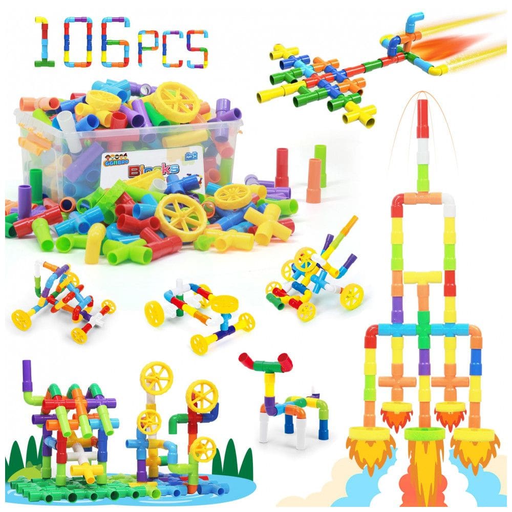 Brinquedo de construção STEM Ggiibro 106 peças tubos plásticos com caixa organizadora