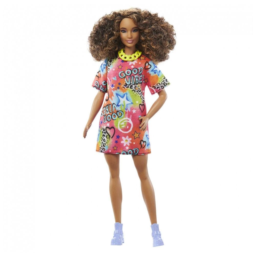 Barbie Fashionistas boneca nº 201 corpo atlético Mattel morena cacheada vestido grafite com acessórios HJT00 2022