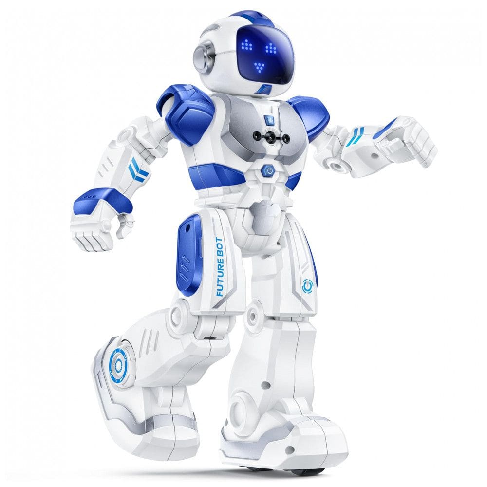 Robô programável Ruko 6088 azul com controle por gestos, controle remoto e app, expressões em LED, jogos de perguntas e bateria recarregável