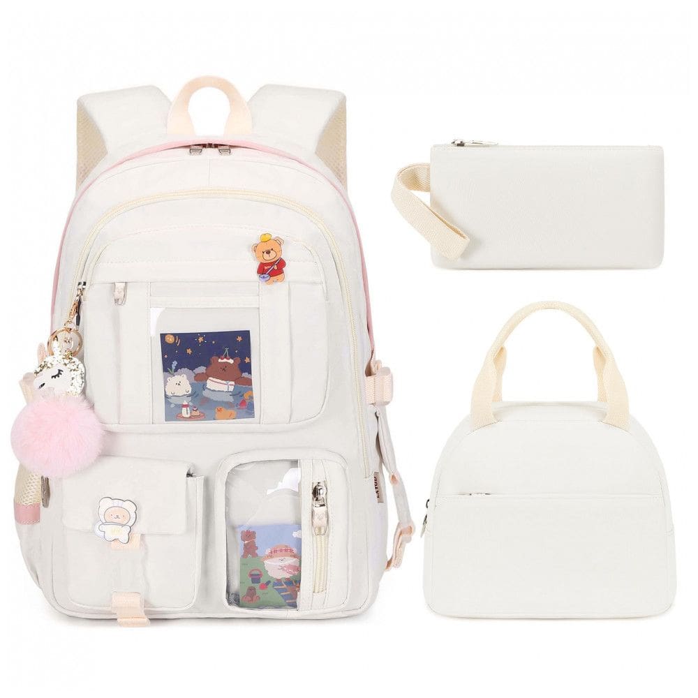 Mochila LXYGD 3 em 1 off-white para notebook até 16”, com lancheira e estojo, impermeável