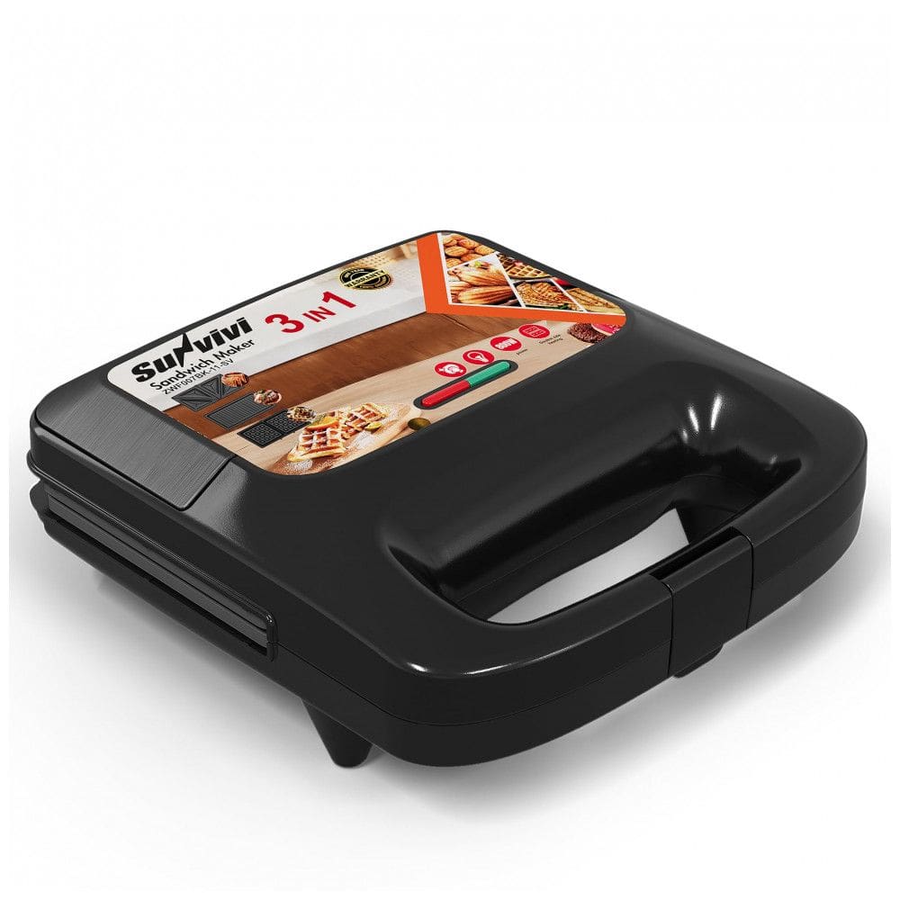 Sanduicheira 3 em 1 SUNVIVI Preta 800W 120V Placas Removíveis Antiaderente Toque Frio