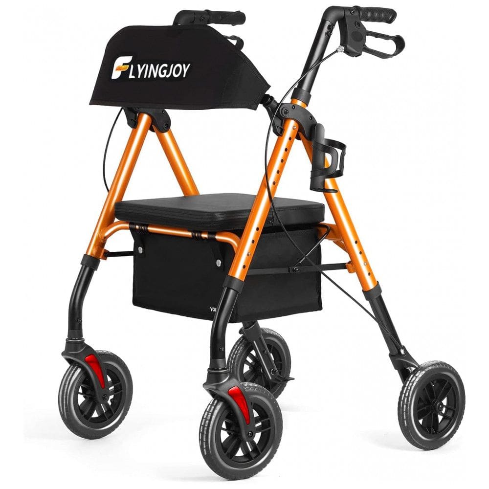 Andador para Idoso Dobrável até 136kg com Assento, Encosto Extra Largo e Suporte para Bengala, FlyingJoy, Laranja