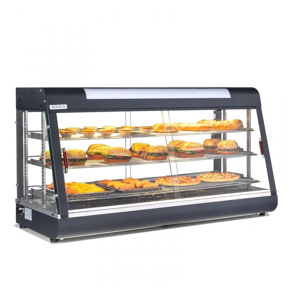 Expositor Aquecedor de Alimentos ROVSUN Preto 3 Níveis 122 cm com Prateleiras Ajustáveis Removíveis e Portas Duplas, 110V.