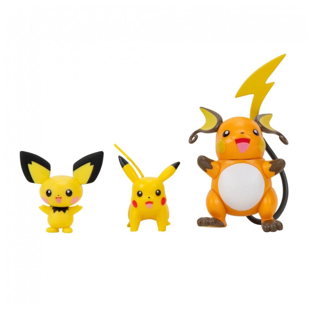 Conjunto de figuras Pokémon Select Evolution Pichu, Pikachu e Raichu com acabamento exclusivo