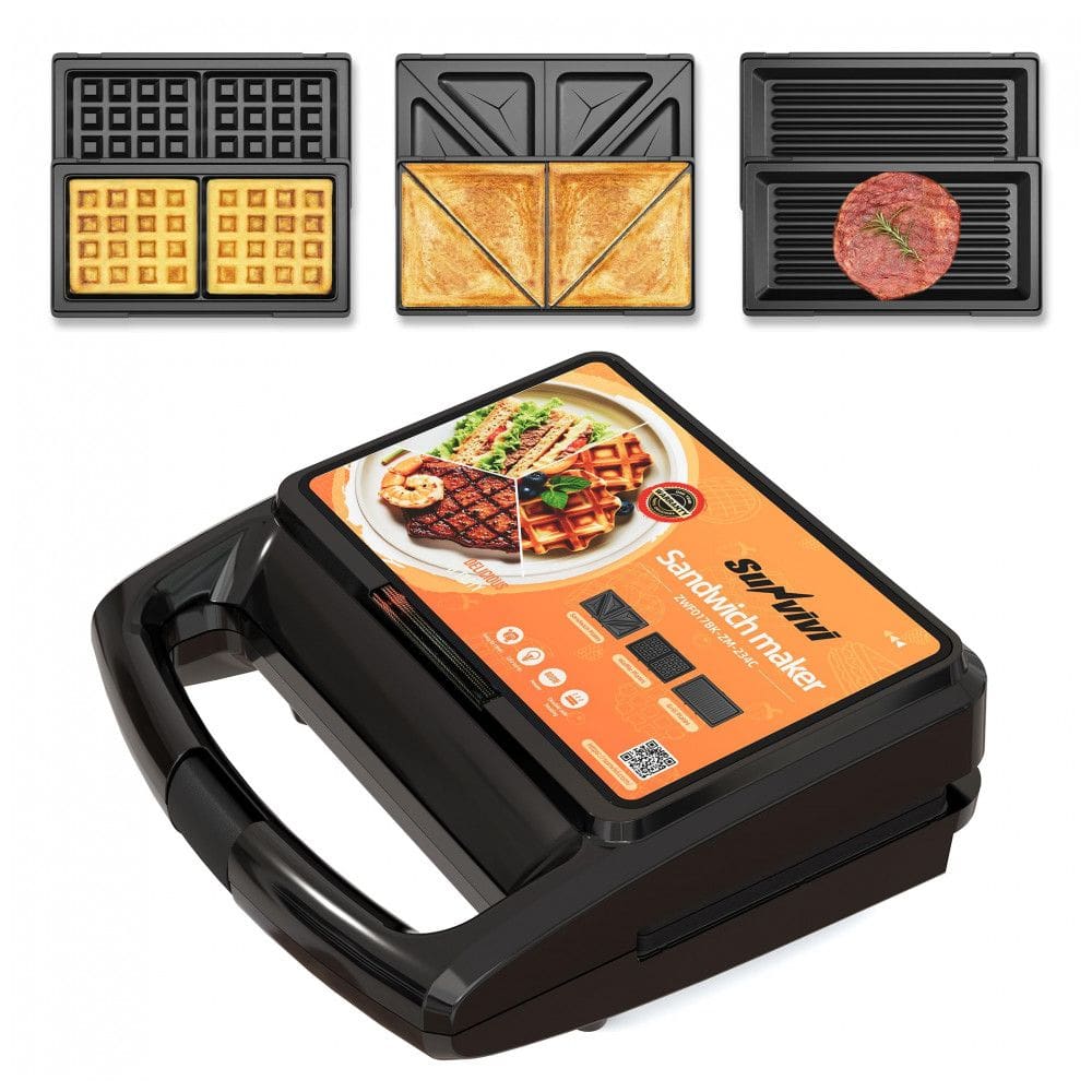 Sanduicheira 3 em 1 SUNVIVI Preta 800W Placas Removíveis Tampa Vidro Toque Frio