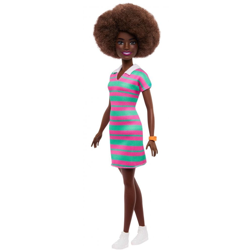 Barbie Fashionistas 247 - Boneca com Cabelos Cacheados Pretos, Vestido Listrado Rosa e Verde, Relógio Laranja e Tênis Branco
