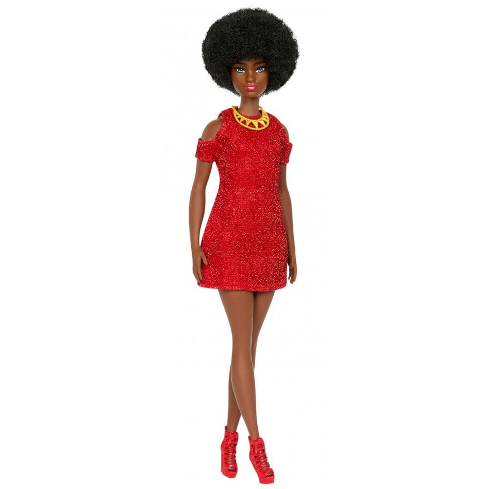 Boneca Barbie Fashionistas 65 Anos 221 com cabelo preto natural, vestido vermelho e acessórios colecionáveis 2024