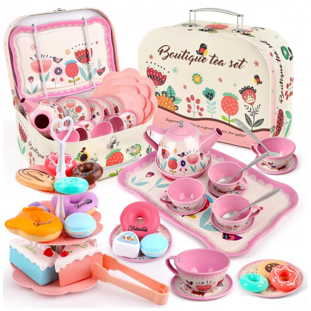 Jogo de Chá Infantil 33 Peças com Tema de Flores para Crianças Acima de 3 Anos, Minnot, Rosa