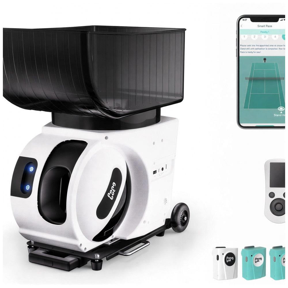 Máquina de Lançar Bolas de Tênis Pongbot Pace S Pro, Robô de Treino com IA até 129 km/h, 564 Exercícios e Controle por App.