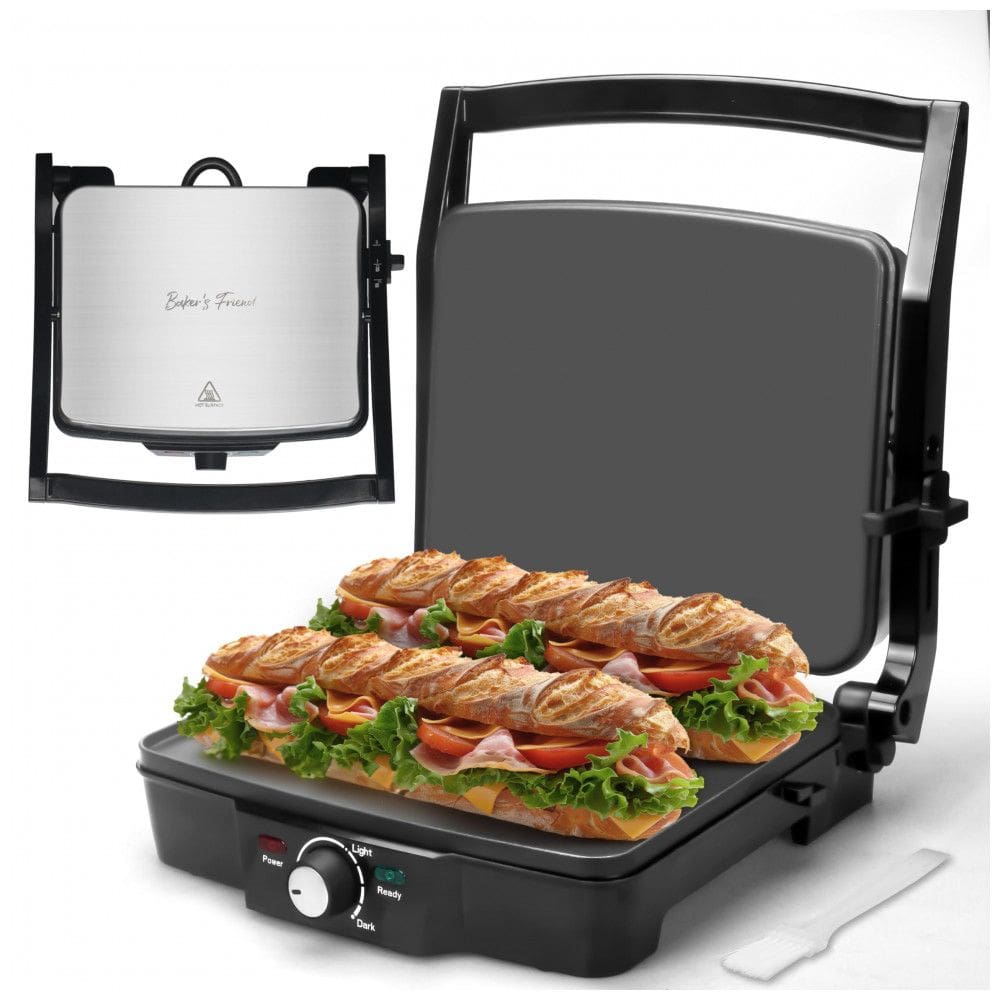 Sanduicheira Panini Press Baker`s Friend Aço Inox, 4 Fatias, Controle Torra, 1400W, 120V