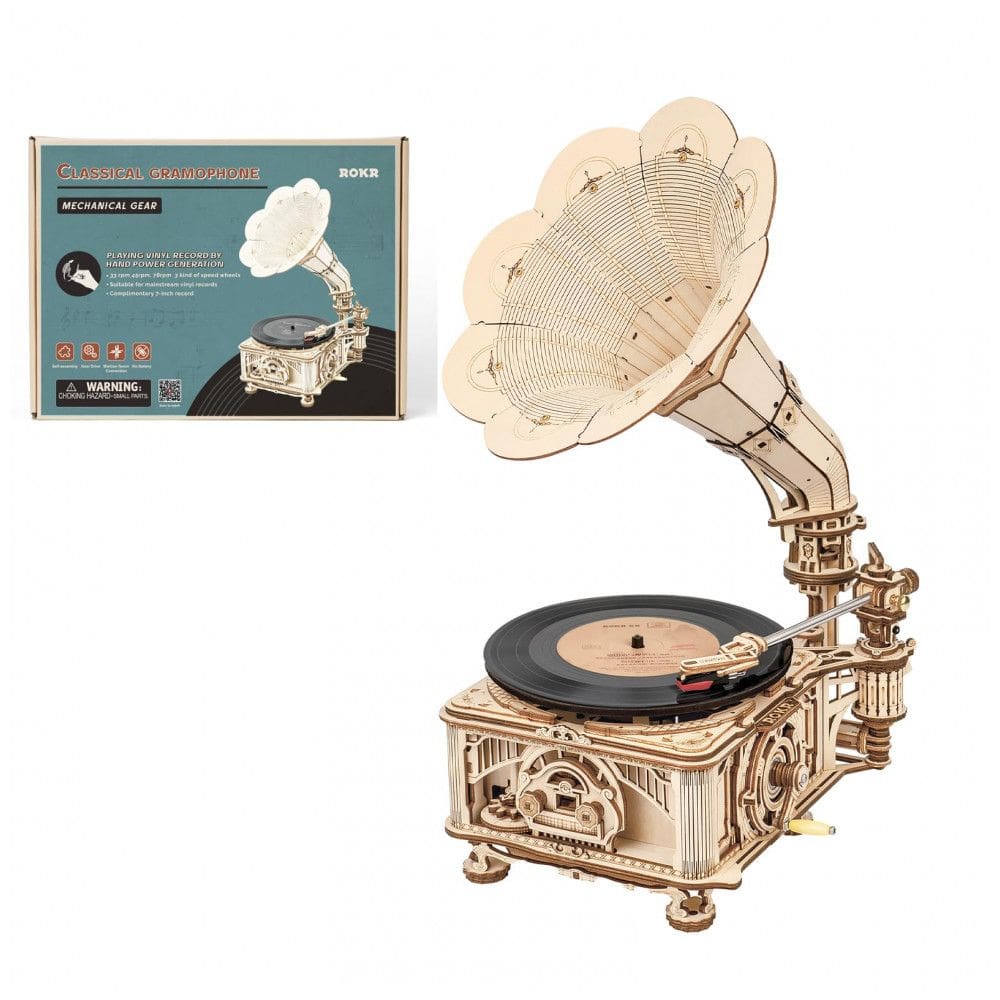 Quebra Cabeças 3D em Madeira para Adultos, Tema Toca Discos Vintage com 424 Peças, ROKR