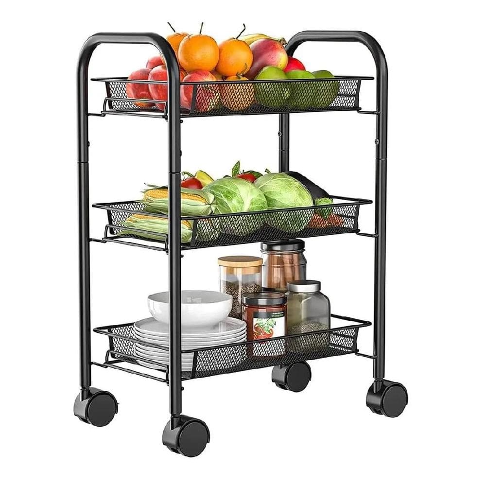 Carrinho Organizador Multiuso Fruteira Prateleira Escritorio Documentos Porta Maquiagem 3 Cestos Vazados Preto
