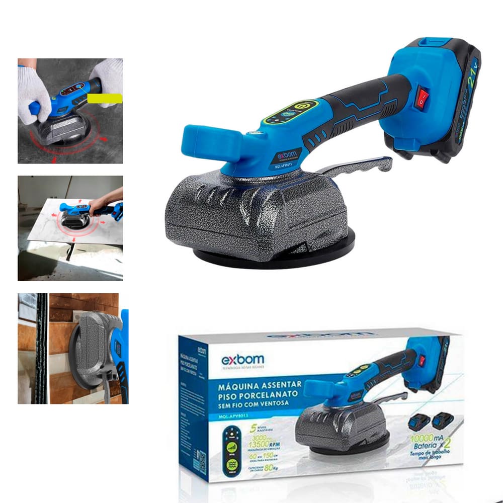 Assentador de Pisos a Bateria 21V 600W c Ventosa 80kg Máquina para Assentar Azulejo Porcelanato Vibração 5 Níveis Profissional Portátil com 2 Baterias