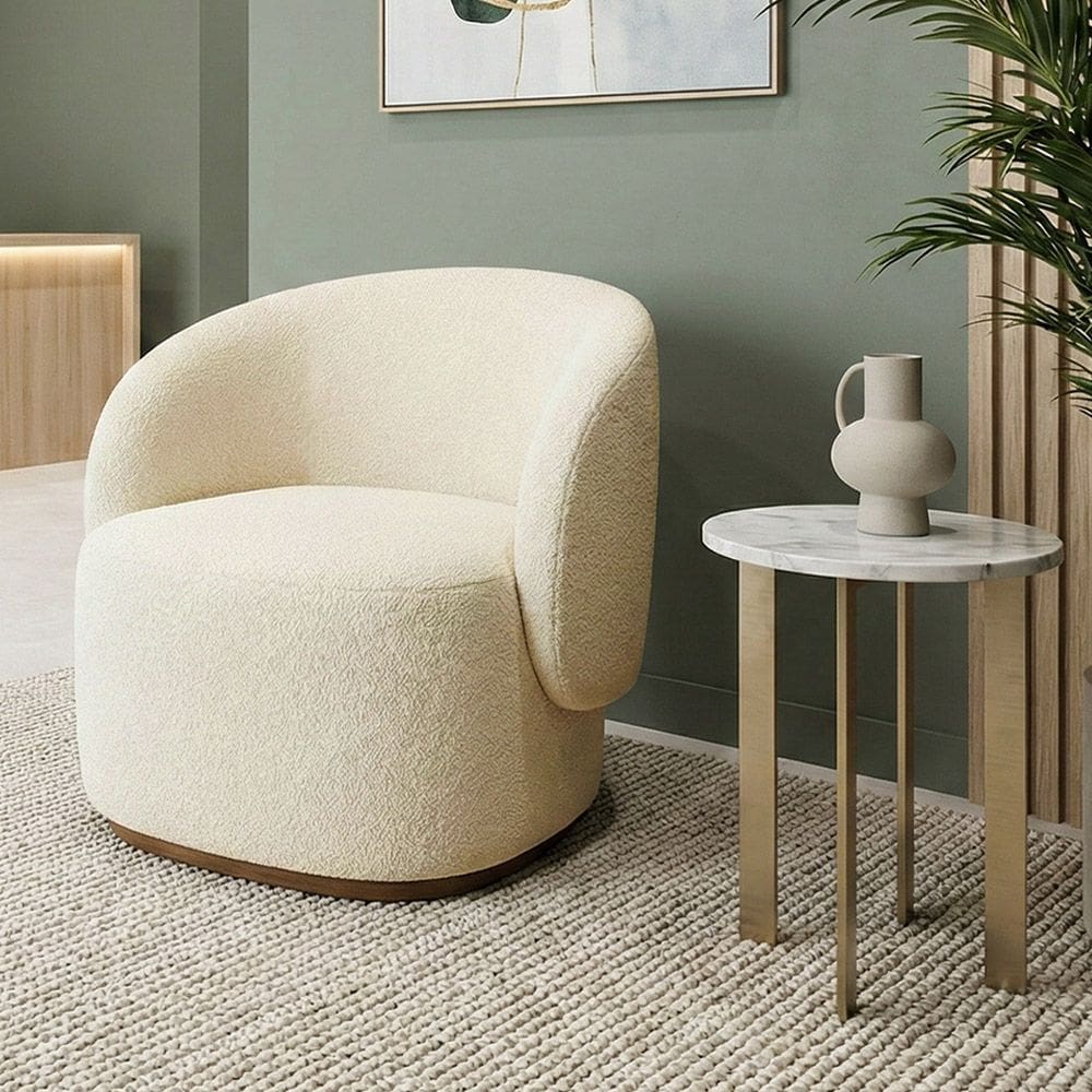 Poltrona Decorativa Orgânica Premium em Bouclê Italiano Bege para Sala e Recepção