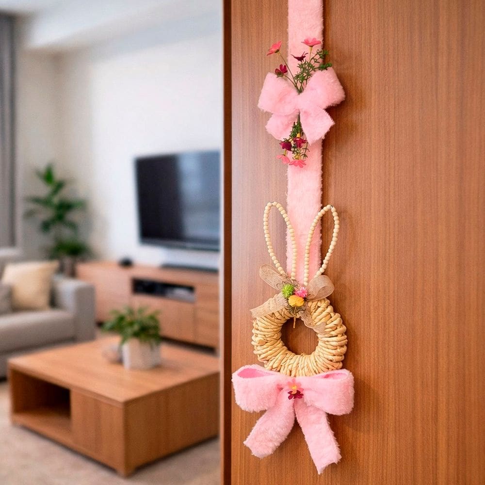Escapulário Guirlanda Porta Coelho Rosa Decoração Páscoa 2m