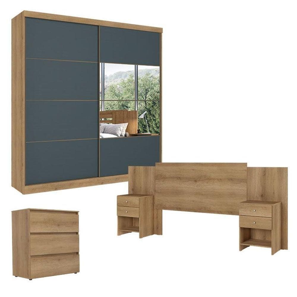 Guarda Roupa Casal Malaga Glass2Portas Capuccino Azul ComCômoda Gaveteiro CondessaE Cabeceira Formosa Capuccino- Thb