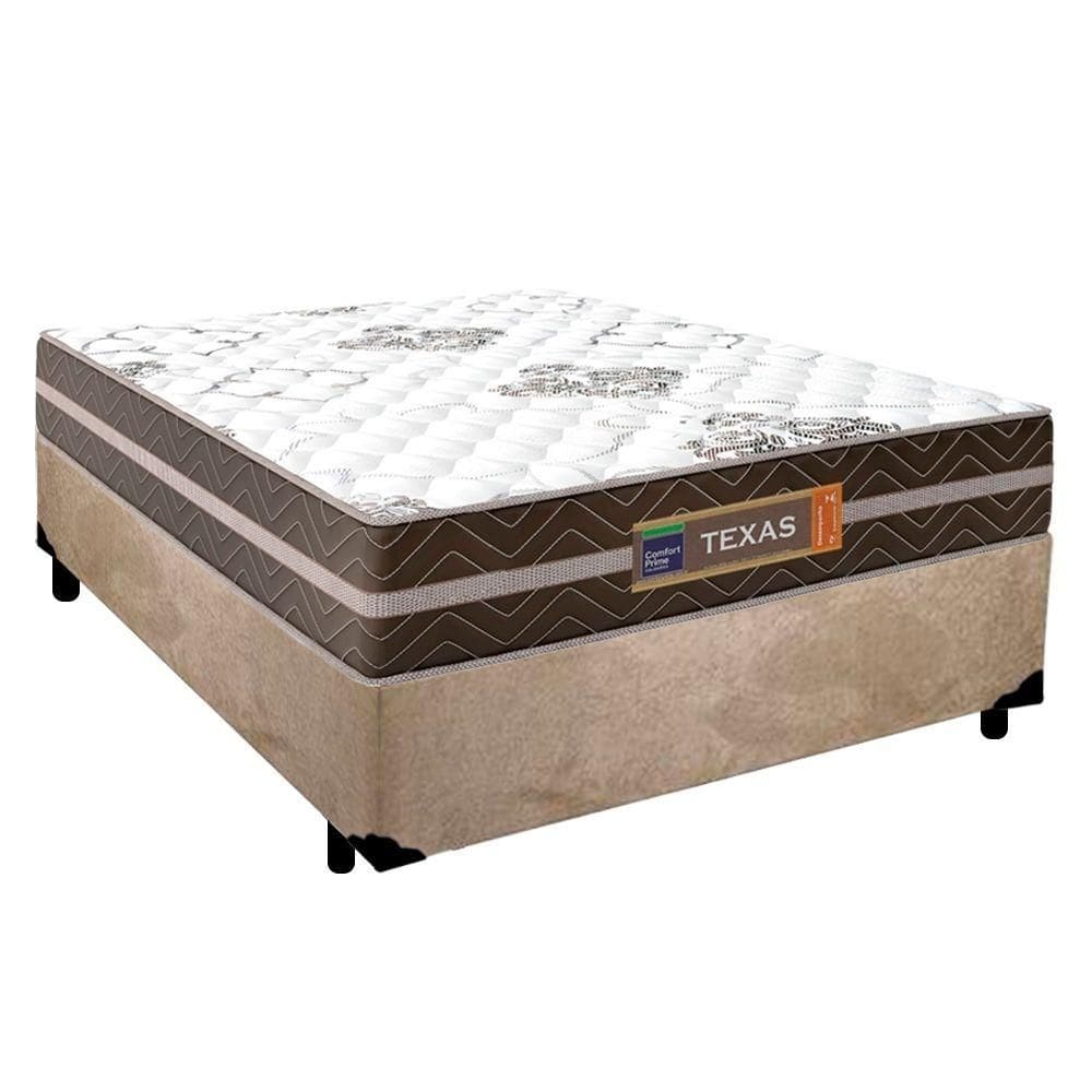 Cama Box Casal Suede + Colchão Molas Ensacadas Texas Colchões 138cm Bege - Suporta Até 120 Kg Por Pessoa