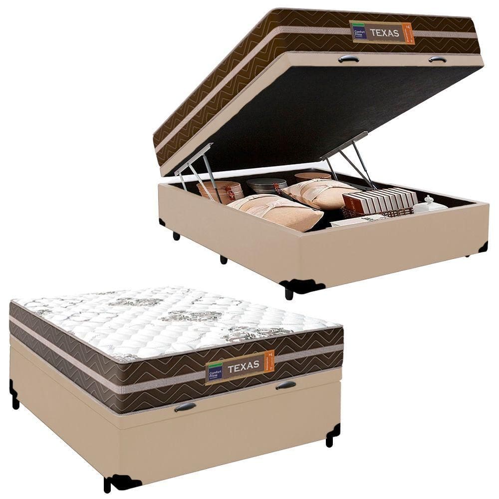 Cama Box Baú Casal Sintético + Colchão Molas Ensacadas Texas Colchões 138cm Bege - Suporta Até 120 Kg Por Pessoa