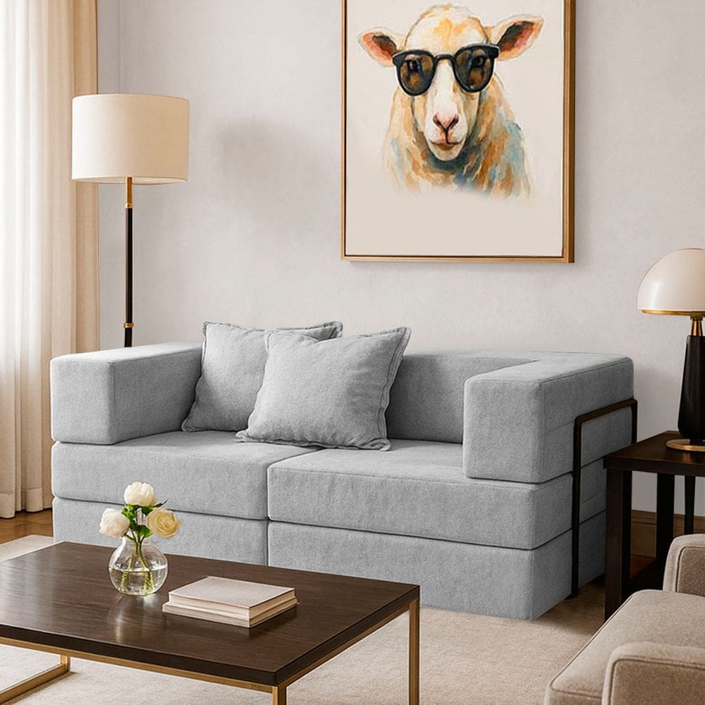 Sofá Cama Modular 2 Lugares Mold Boucle Prata - Loja Sheep