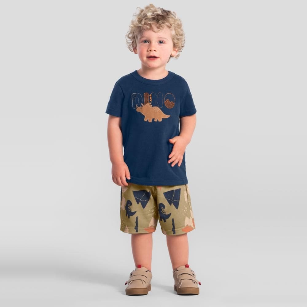 Conjunto infantil menino com bordado de dinossauro Brandili
