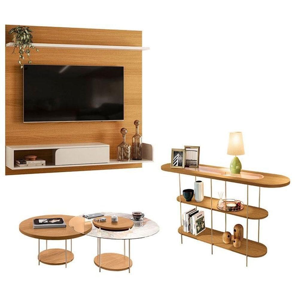 Painel Para Tv Suspenso Evo Com Kit Mesa De Centro Sky E Aparador Infinity Cinamomo Off White - Hb Móveis