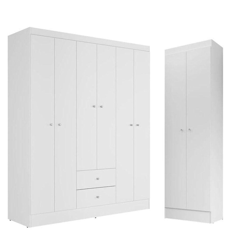 Guarda Roupa Solteiro Versa 6 Portas Branco Rosa Com Armário Multiuso Aura Branco - Kits Paraná