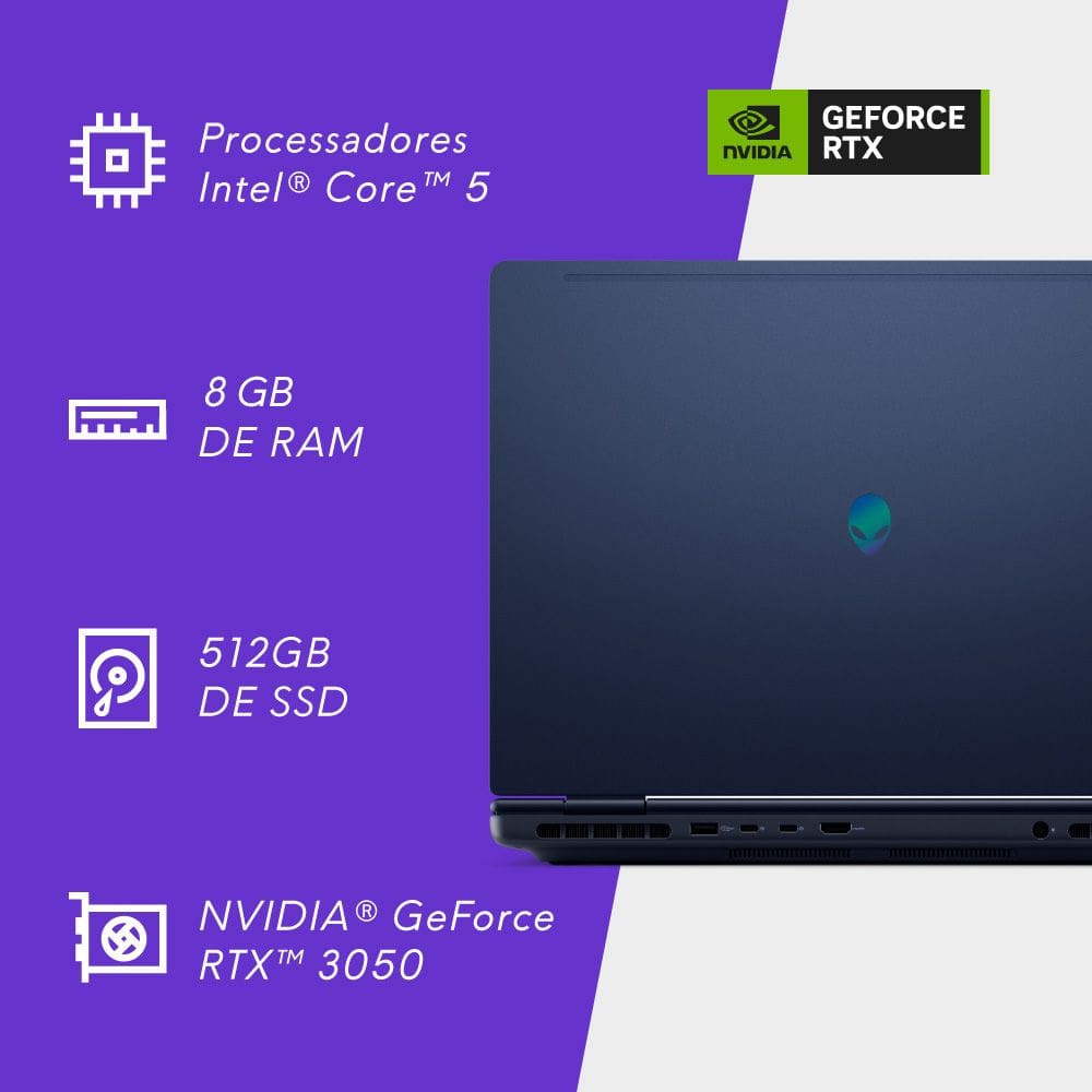 Notebook Gamer Dell Alienware 16 Aurora AC16250 AC16-C5210H-M5 16” WQXGA Intel Core5 8GB 512GBSSD NVIDIA RTX3050 Win11