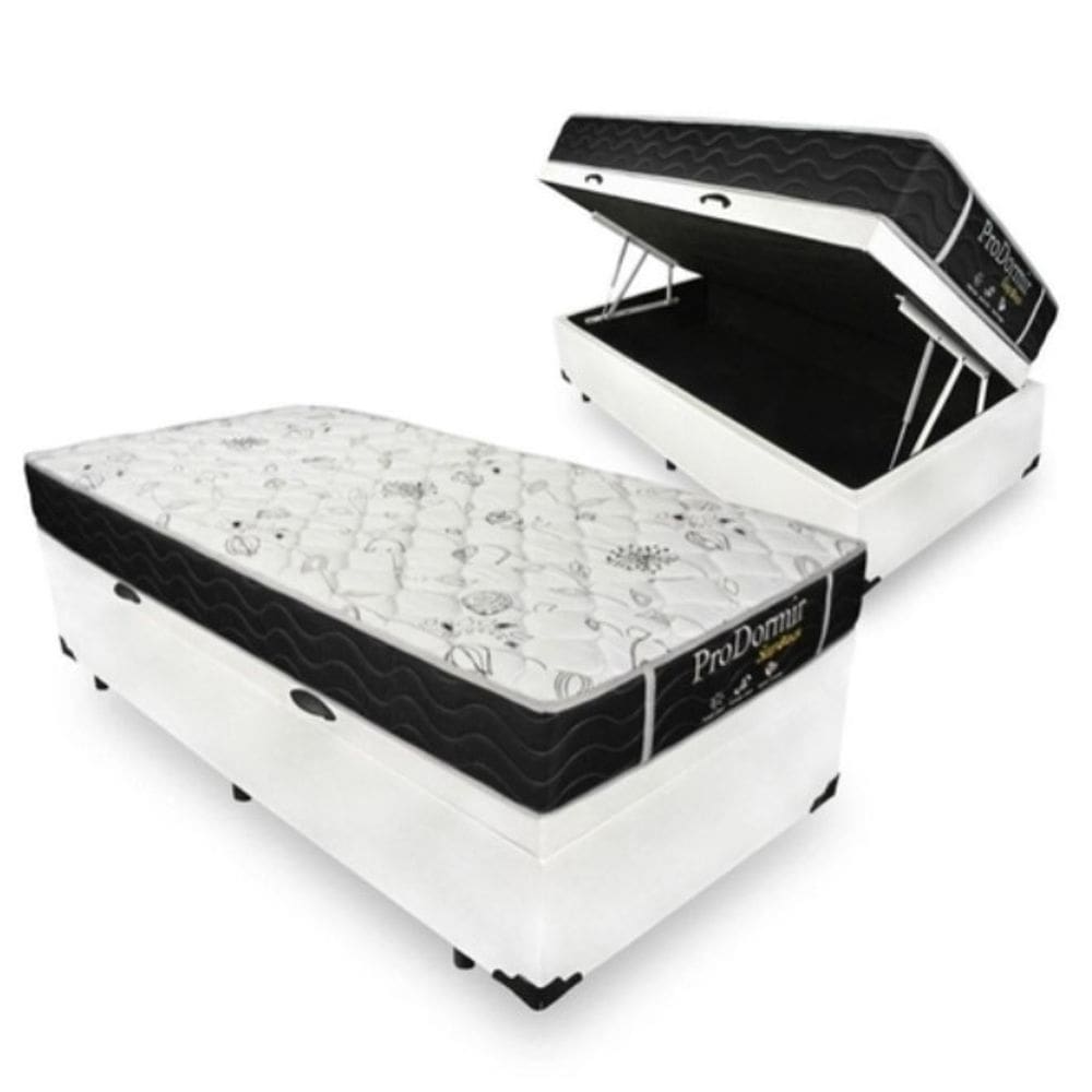 Cama Box Baú Solteiro 88 Tecido Sintético Branco com Colchão De Molas - Probel Sleep Black