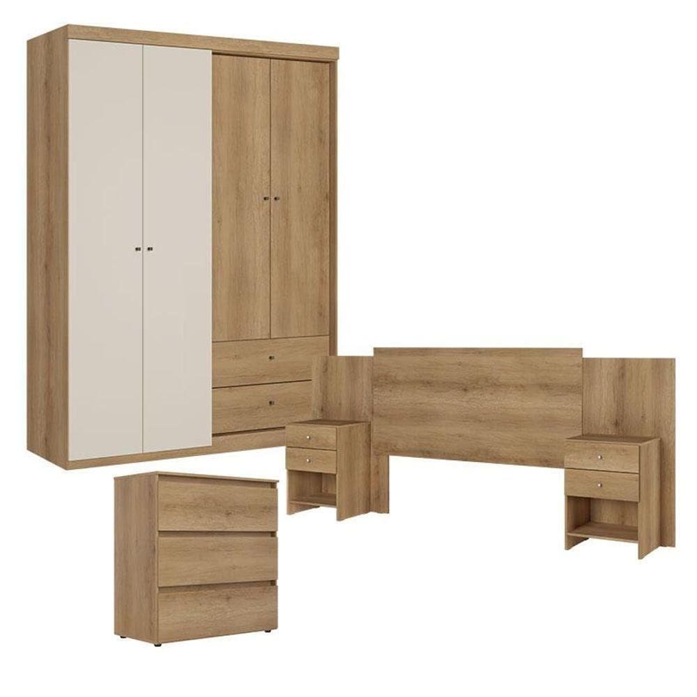 Guarda Roupa Solteiro Star 4 Portas Capuccino Off WhiteComCômoda Gaveteiro Condessa E Cabeceira FormosaCapuccino- Thb