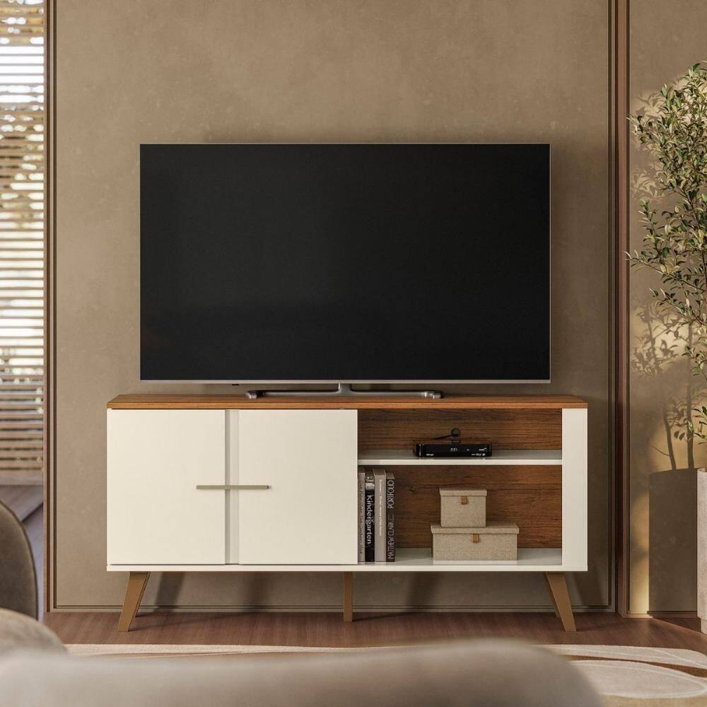 Rack Para TV Com Nichos Abertos E Pés De Madeira Retrô