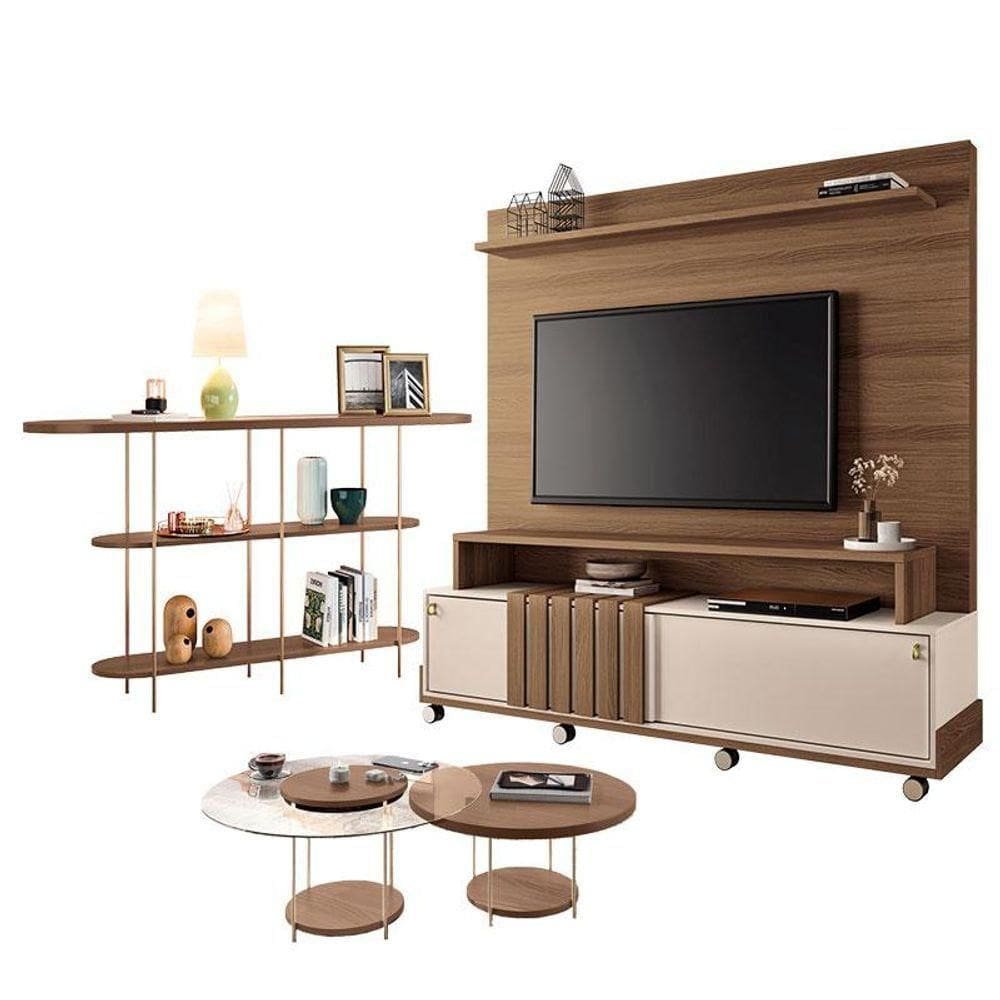 Estante Home Theater Bold Off White Castanho E Aparador Infinity E Kit Mesa De Centro Sky Castanho - Hb Móveis